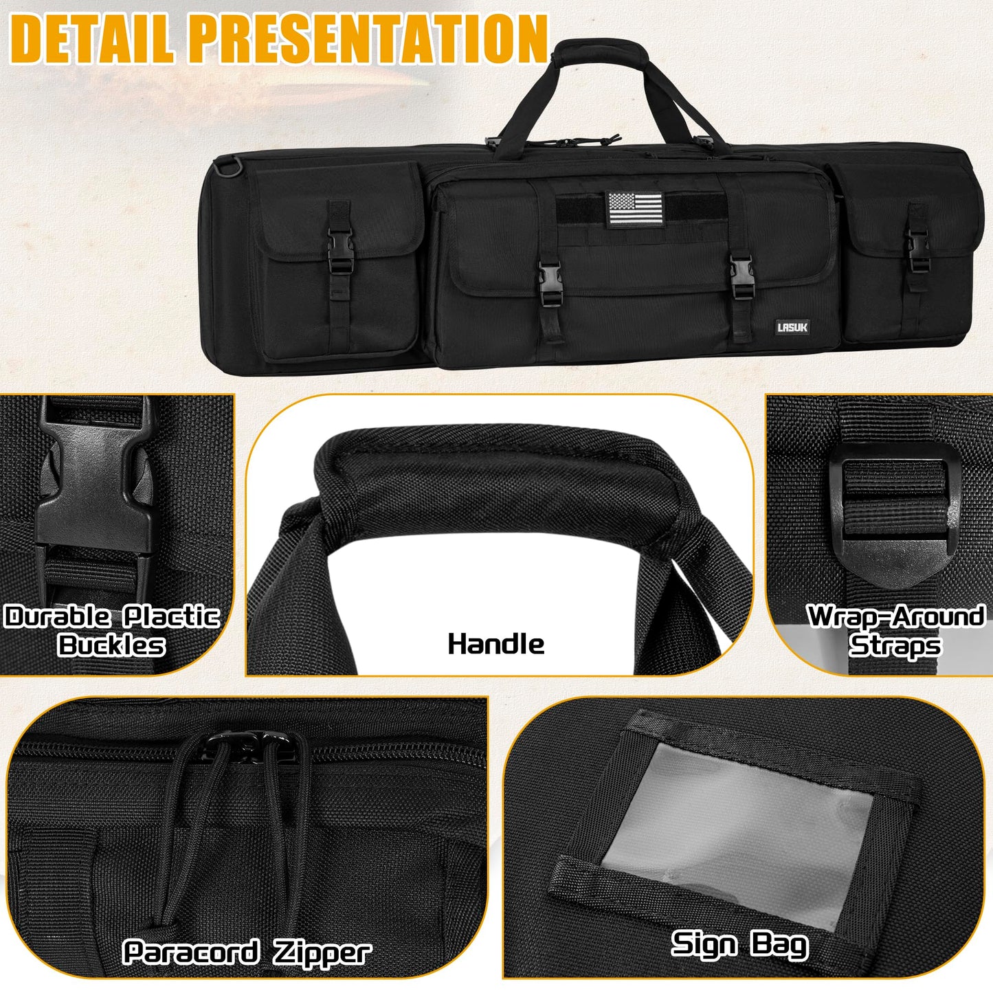 LASUK 55" Double Rifle Case Soft Gun Bag Tactical Backpack, Black