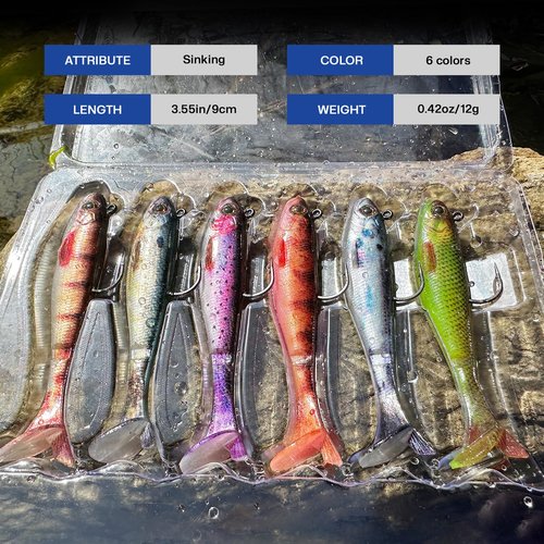FONMANG 6-Piece Swim Baits for Bass Fishing, Pre-Rigged Jig Heads Soft Plastic Walleye Fishing Lures, Paddle Tail Swimbaits for Bass Fishing, Fishing Bait for Freshwater Saltwater Gifts
