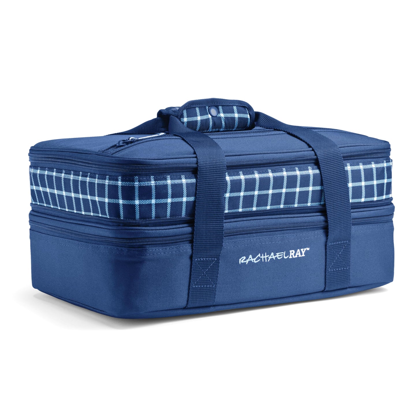 Rachael Ray Expandable Insulated Casserole Carrier for Hot or Cold Food, Thermal Lasagna Lugger Tote for Potluck, Parties, Picnic, and Cookouts, Fits 9" x 13" Baking Dish, Blue Gingham