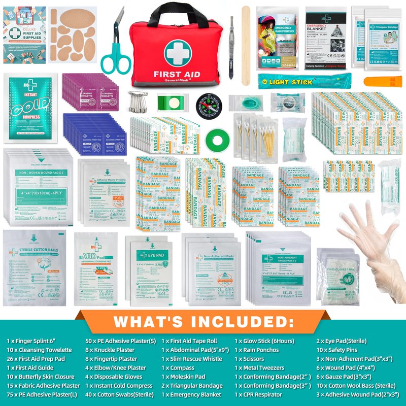 General Medi First Aid Kit -309 Pieces- Reflective Bag Design - Including Bandages, Moleskin Pad and Emergency Blanket for Travel, Home, Office, Car, Camping, Workplace
