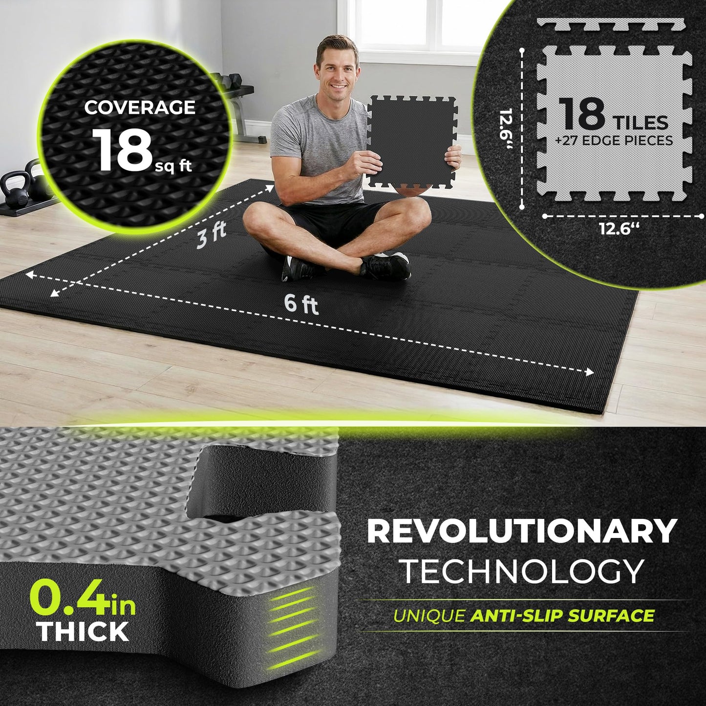bemaxx Gym Mats Set - 18 pcs EVA Interlocking Foam Floor Tiles (12.6"x12.6"x0.4") 18sqft Protective Gym Flooring Sports Home Workout Exercise Mats Puzzle Garage Fitness Play-Room Pool Treadmill Bike