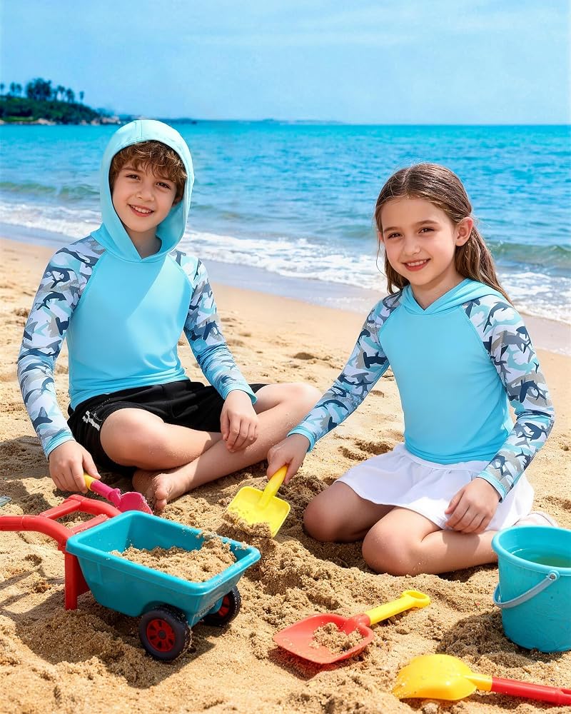 Boys Rash Guard Swim Hoodie - Long Sleeve Sun Protection Shirt, Azure Blue 4T