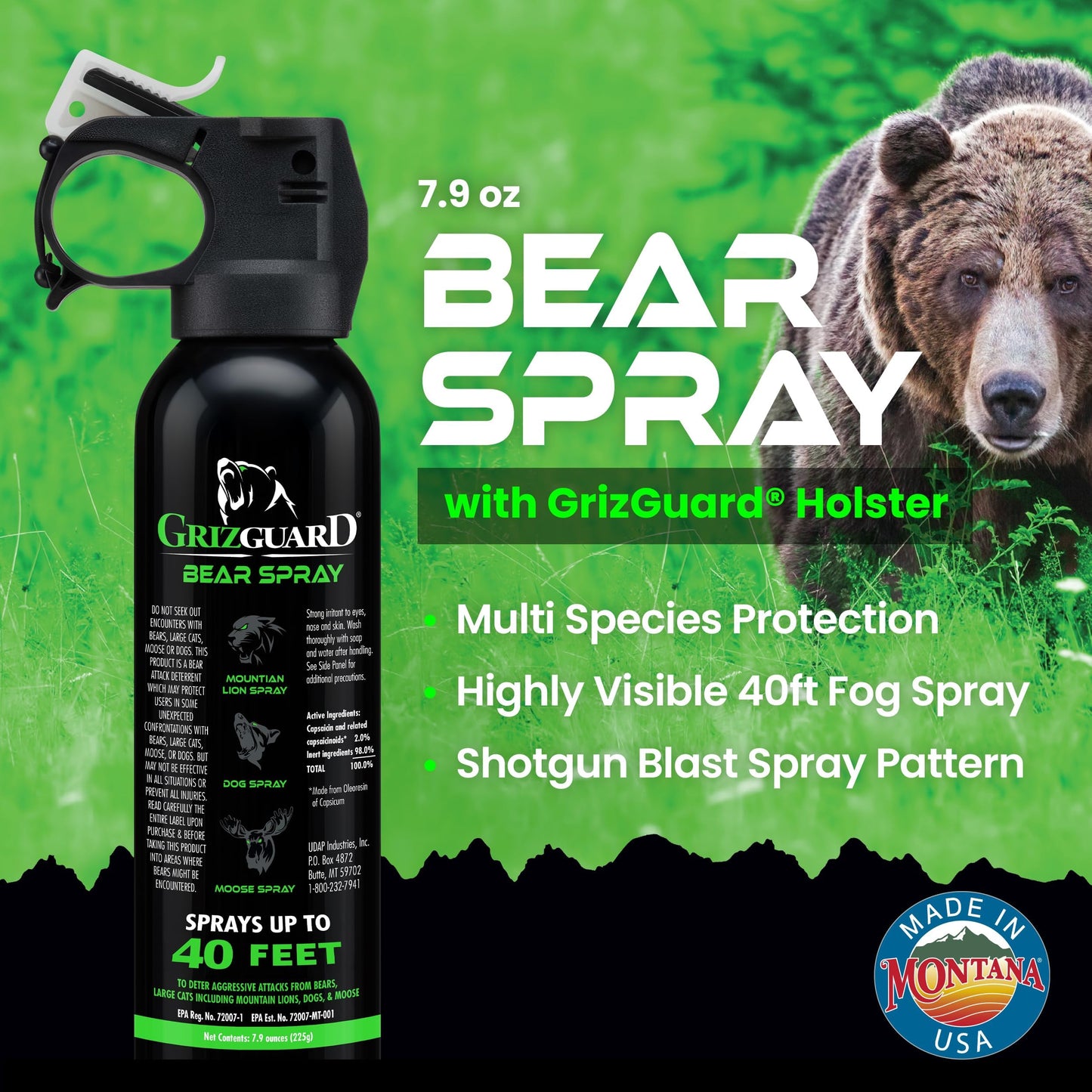 Griz Guard Bear Spray with Holster 2 Pack – Max Strength 7.9 oz, 40-Foot Range, EPA-Registered Deterrent for Bears, Mountain Lions, Coyotes, Dogs & Moose, Glow Safety Clip, Hiking & Camping Protection