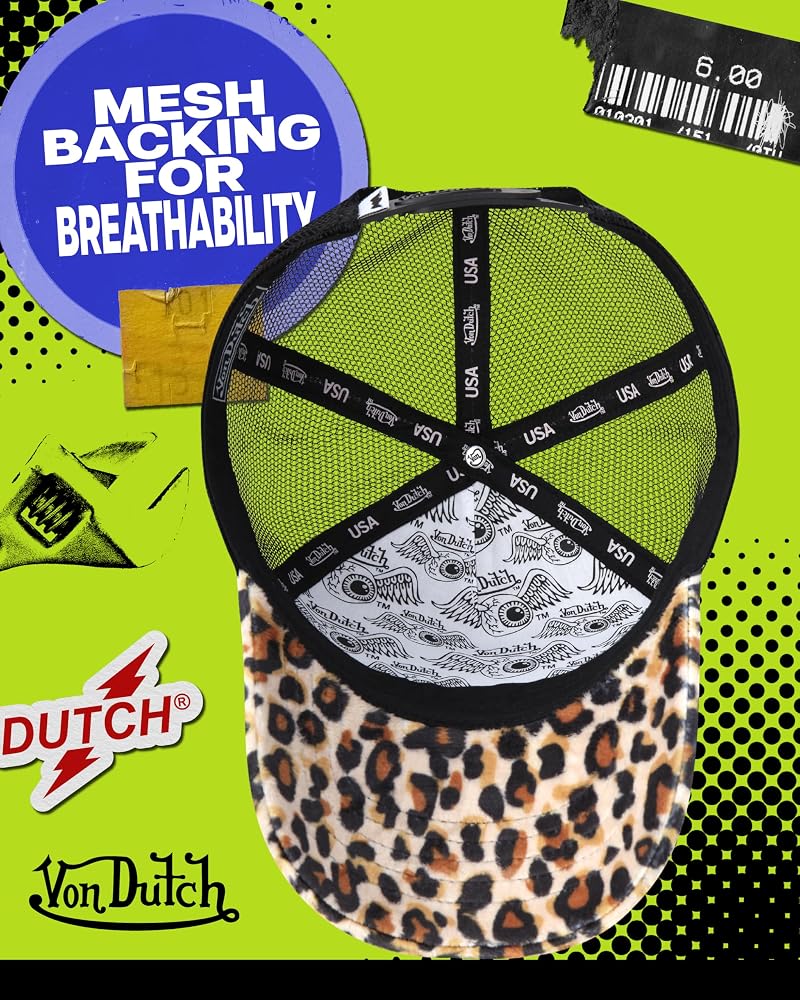 Von Dutch Velvet Trucker Hat - Curved Bill, Mesh Back, Snapback, Natural Leopard
