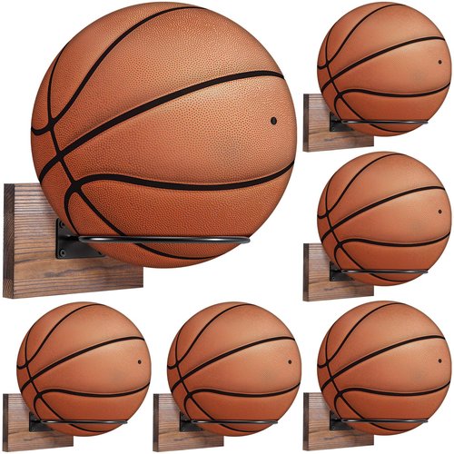 Threan 6 Pcs Ball Holder Wall Mount Ball Stand Display Storage with Wooden Base for Basketball Football Soccer Volleyball, Sports Accessories Organizer for Player Fans