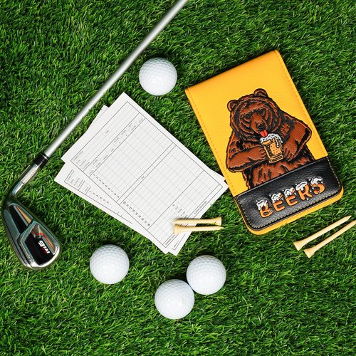 LZFAN Golf Scorecard Holder & Yardage Book Cover, Golf Accessories Yellow Beer Bear Premium Leather Yardage Book Holders Cover