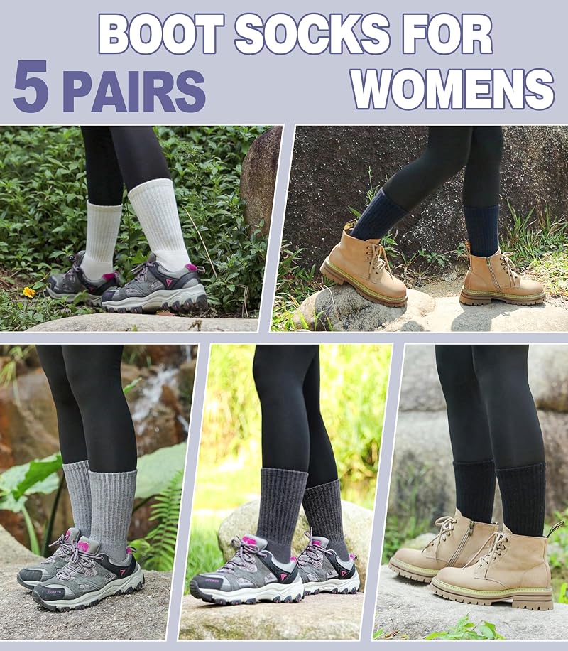 DYW Merino Wool Hiking Socks 5 Pairs - Thermal Warm Crew Socks, Cushion, Medium & Large (Solid Colors)