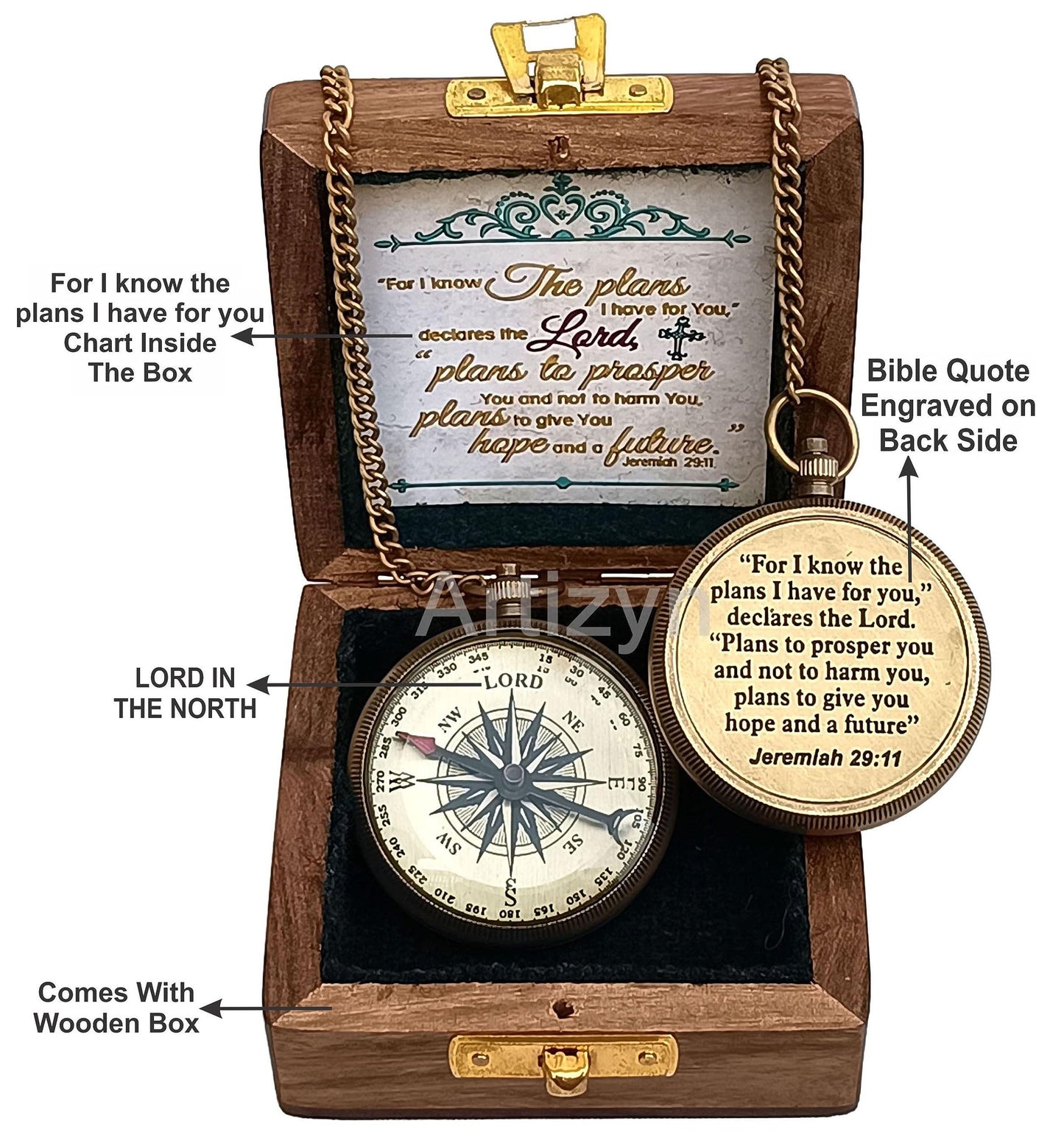 For I Know The Plans I Have For You Brass Magnetic Compass Engraved with Scripture Jeremiah 29:11, Directional Compass, Religious Gifts For Men, Easter Gifts For Teen Boys