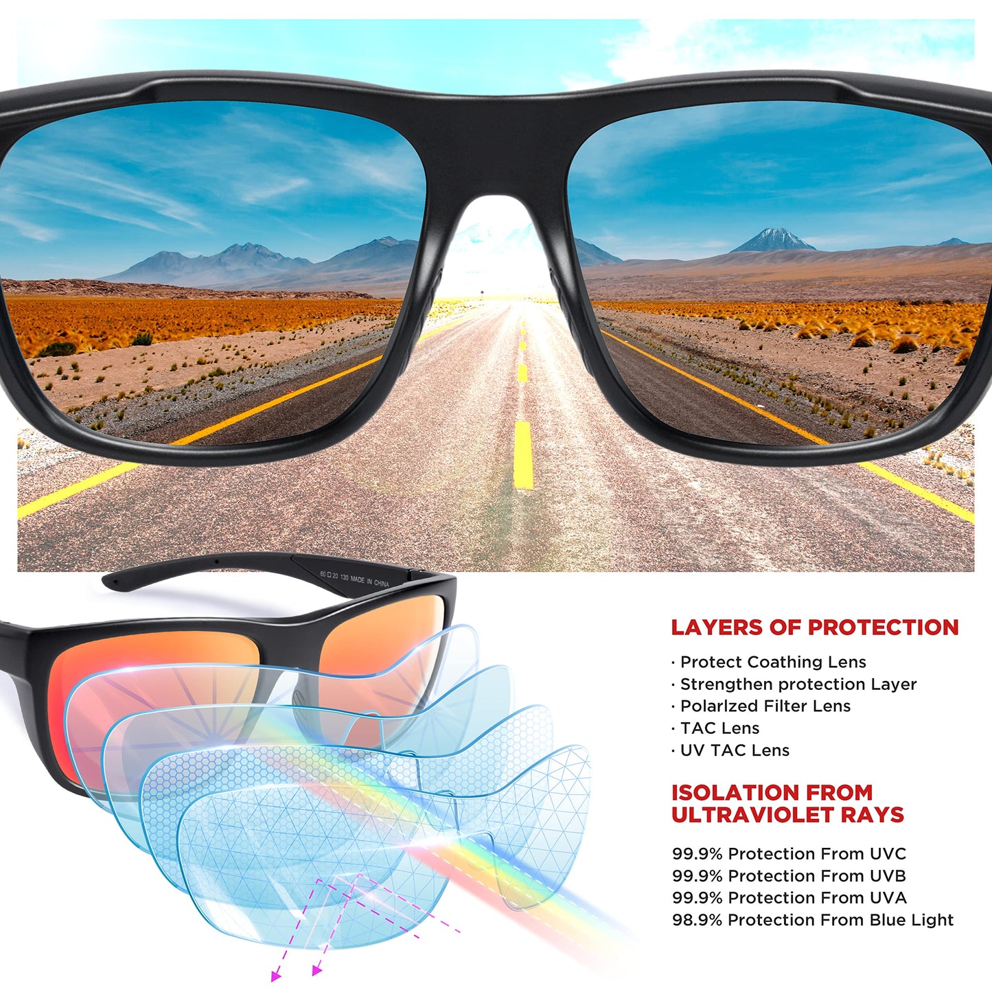 RIVBOS Womens Sunglasses Polarized TR90 Unbreakable Frame Sports Driving Fishing Cycling RB862-Black Ice Red Lens