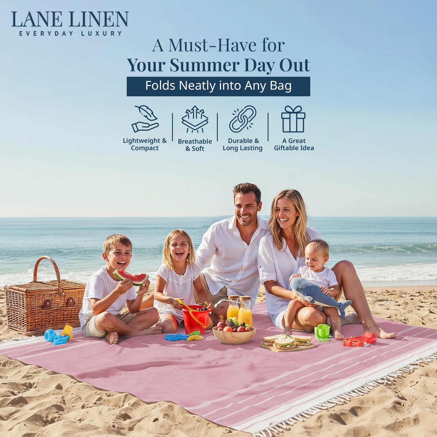 LANE LINEN Beach Vacation Essentials Blanket- Large Beach Blanket Sandproof with Quick Dry Comfort 82"x82", Perfect for Family Vacations, Park Outings, or Social Games – Candy Pink