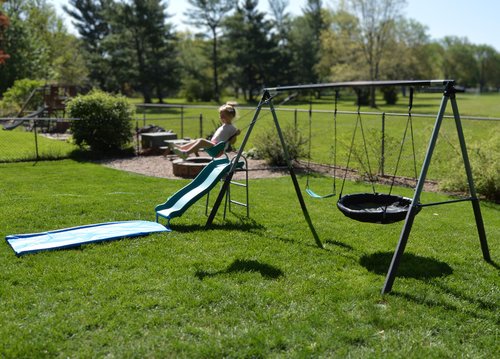 Lark Water Slide Swing Set with 6 Ft Water Tarp, Disc Swing, 2 Sling Swings, 3-Seat Merry Go Round with Adjustable Heavy Duty Ropes, 16-Gauge Weather Resistant Steel Frame (Benton)