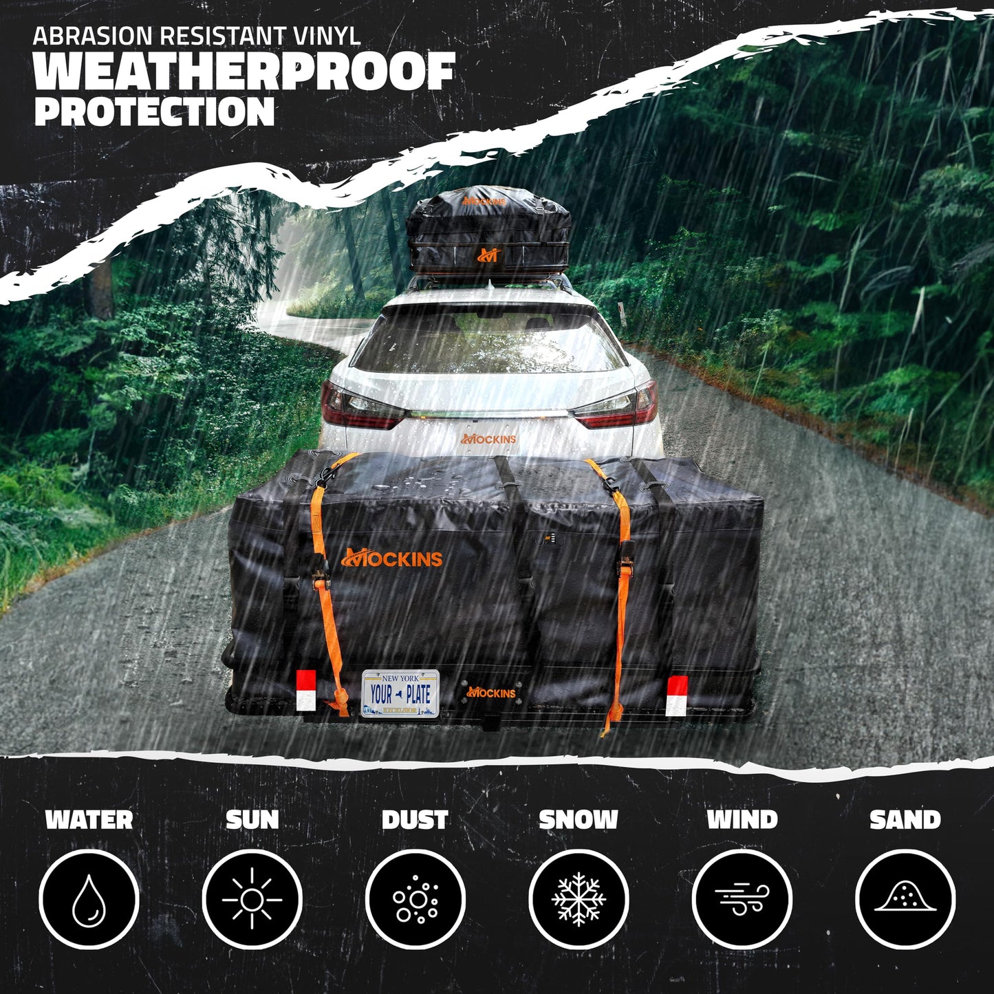 Mockins Folding Luggage Rack for SUV Car Truck ATV & More | 500 Lb. Capacity 6" Raised Shank Steel Trailer Hitch Cargo Carrier 48"x20"x6" w/ 15 Cu Ft Waterproof Cargo Bag & Accessories