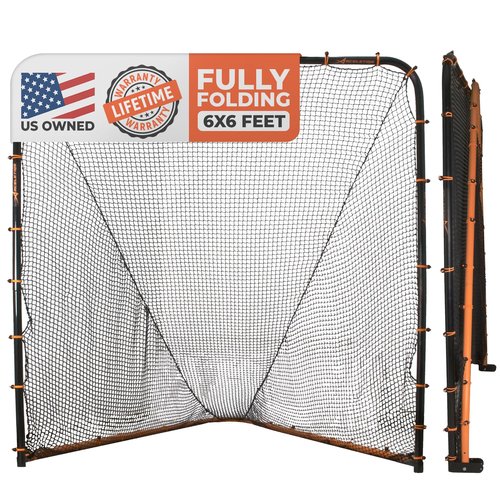 Lacrosse Goal Net (6'W x 6'H x 7'D) Folding Lacrosse Net for Backyard | Powder Coated Steel Frame, UV Treated Netting, Use with Rebounder & Backstop Goal Nets [Includes Carrying Bag & U Stakes]