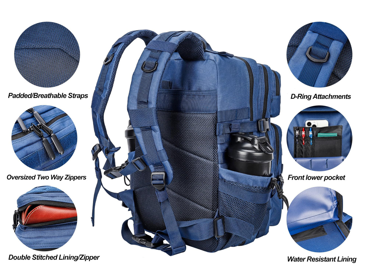 LHI Military Tactical Backpack for Men and Women 45L Army 3 Days Assault Pack Bag Large Rucksack with Molle System Blue