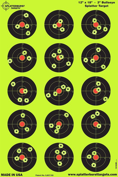 Splatterburst Targets - 12 x18 inch - 3 inch Bullseye Splatter Target - Easily See Your Shots Burst Bright Fluorescent Yellow Upon Impact - Made in The USA (10 Pack)