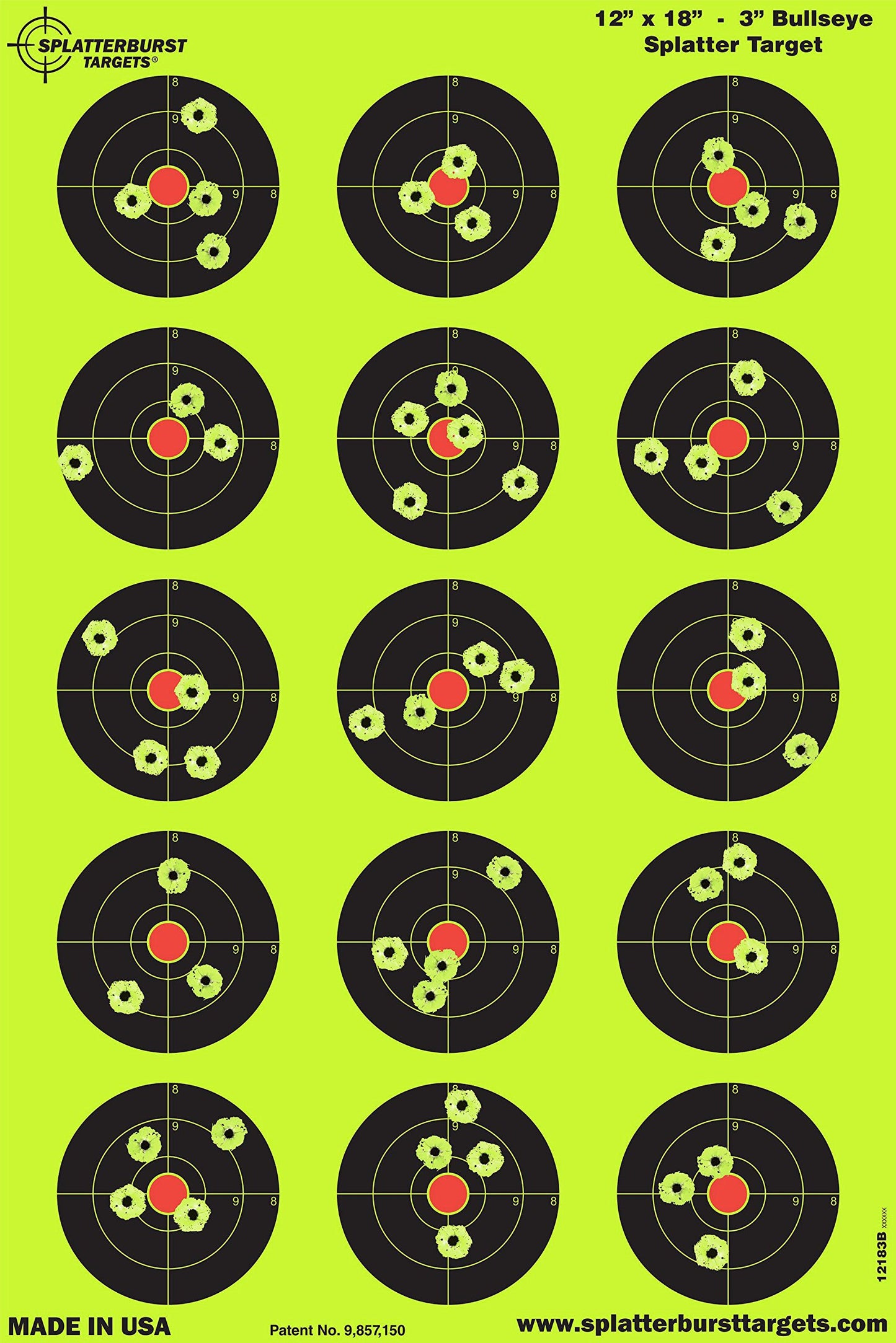 Splatterburst Targets - 12 x18 inch - 3 inch Bullseye Splatter Target - Easily See Your Shots Burst Bright Fluorescent Yellow Upon Impact - Made in the USA (50 Pack)
