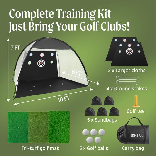 FORIXO Golf Practice Net | Large 10x7 ft Golf Driving Net w/Extra Target Cloth, Tee, 5 Balls, Mat, Sandbags; Durable 420D Oxford + Nylon Golfnet w/Up to 5 Pockets for Driving Chipping Training Swing