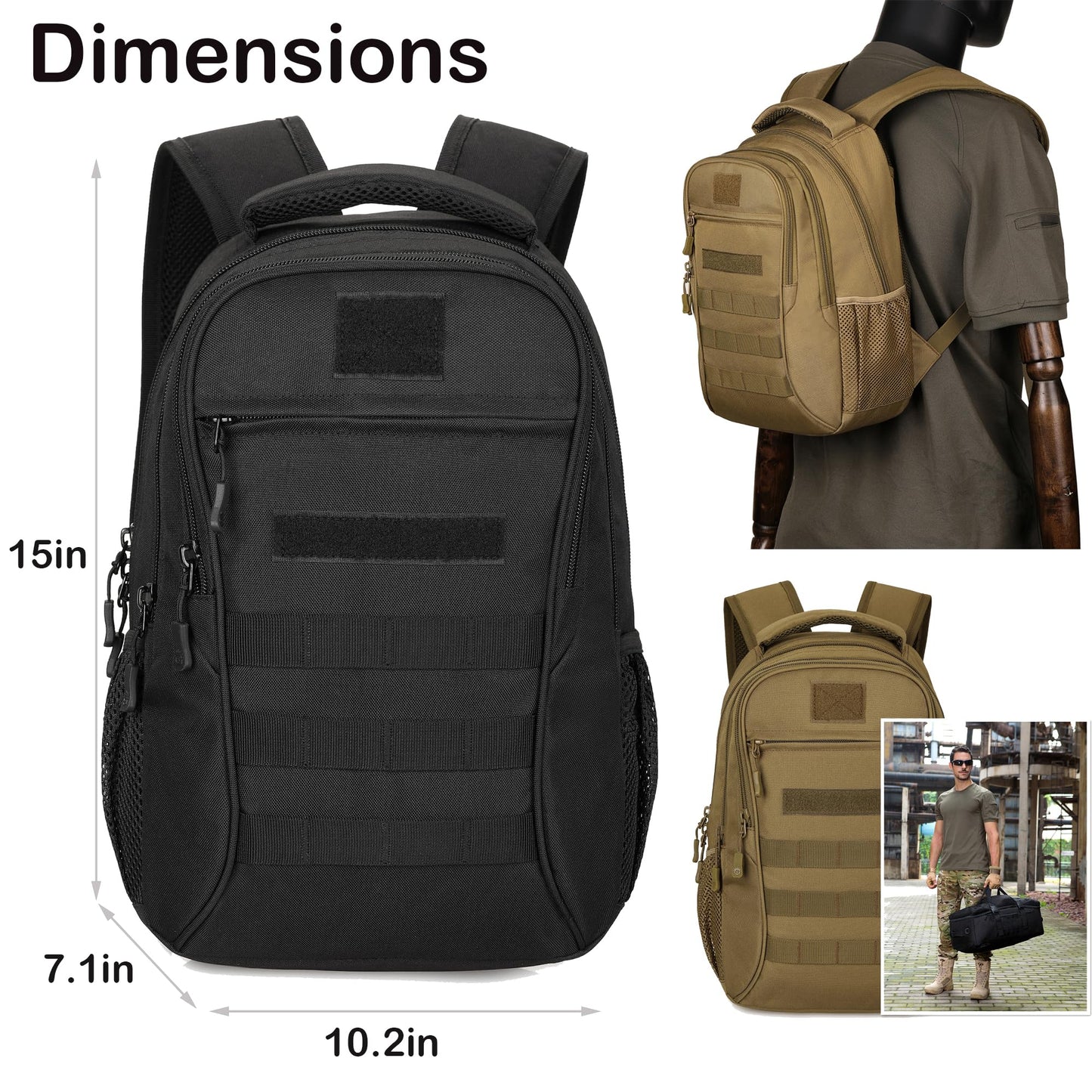 CREATOR Military Tactical Backpack for Men Mini Daypack Small Tactical Assault Bag for Hunting Camping Trekking (Black-15L)