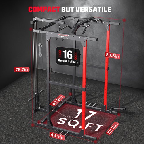 ARMAC Power Cage,1500lbs Multi-Function Power Rack with Adjustable Cable Crossover System and More Training Attachment (red)