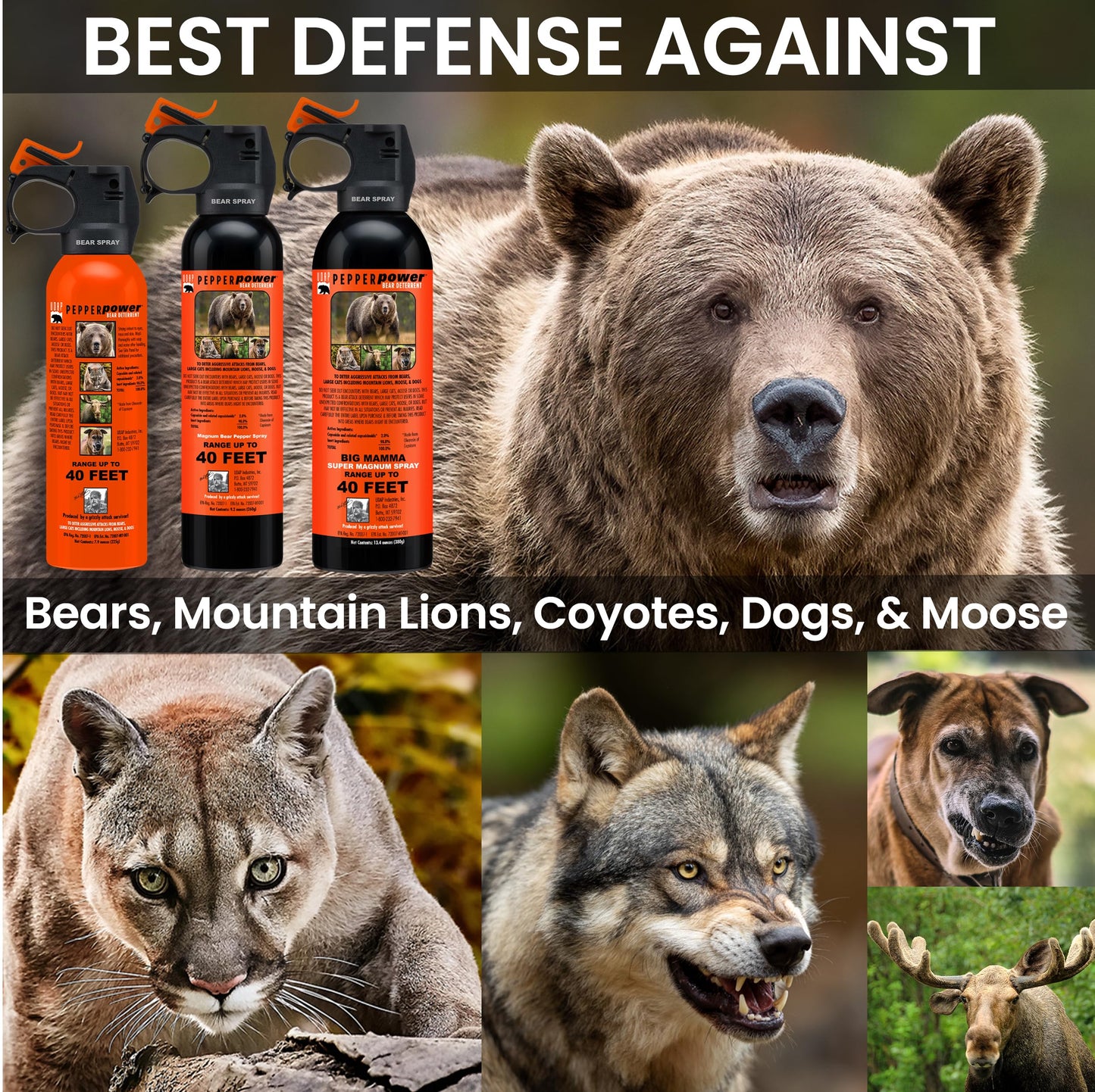 UDAP SOG Pepper Power Bear, Mountain Lion, Dog, Coyote, & Moose Spray Self Defense Deterrent with Griz Guard Holster for Camping, Hiking, Fishing, Powerful Blast, 40 ft Fog Barrier, Safety 7.9 oz