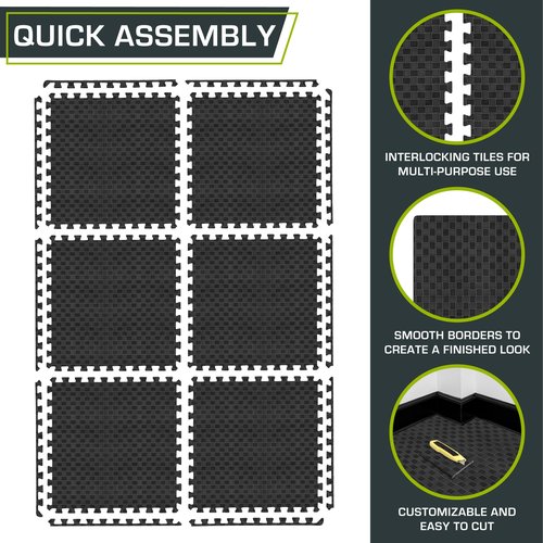 ProsourceFit Exercise Puzzle Mat 1-in, Checkered EVA Foam Floor Tiles w/Non-Slip Texture, Gym Mat w/Interlocking Foam Tiles for Adjustable Surface, Shock Absorbing, Waterproof Gym Flooring, Black