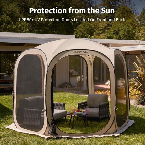 EAST OAK Screen House Tent Pop-Up, Portable Screen Room Canopy Instant Screen Tent 10 x 10 FT with Carry Bag for Patio, Backyard, Deck & Outdoor Activities, Beige