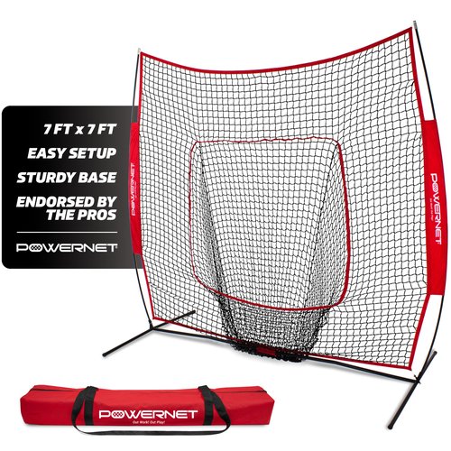 PowerNet Baseball & Softball Practice Net 7x7 FT, Outdoor Baseball Training Equipment for Pitching & Batting Practice (Red Net)