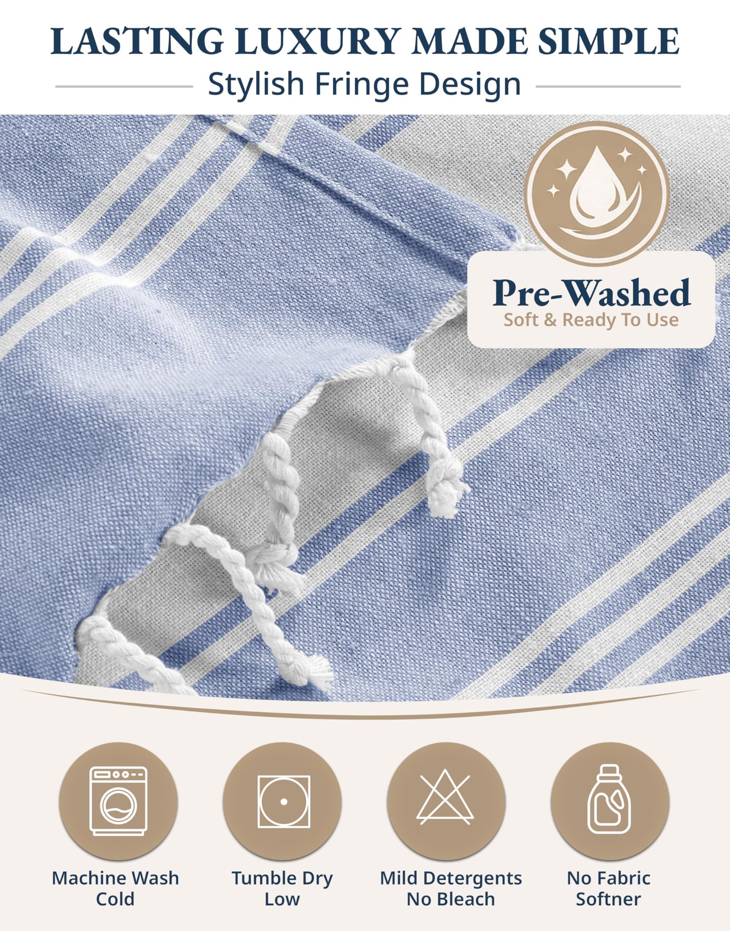 LANE LINEN Turkish Beach Towels, 2 Pack Extra Large Beach Towel, Pre-Washed for Soft Feel, Oversized Sand Free Quick-Dry Pool Towel, Beach Towels for Adults, 39"x71" - Forever Blue