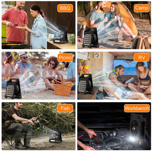 Solar Powered Fan for Camping, 4000mAh Portable Table Fan with LED Lantern, Flashlight, Battery Operated, 4 Speeds Powerful Wind and 4 Timers, for Workbench, Picnic, Hurricane, Fishing