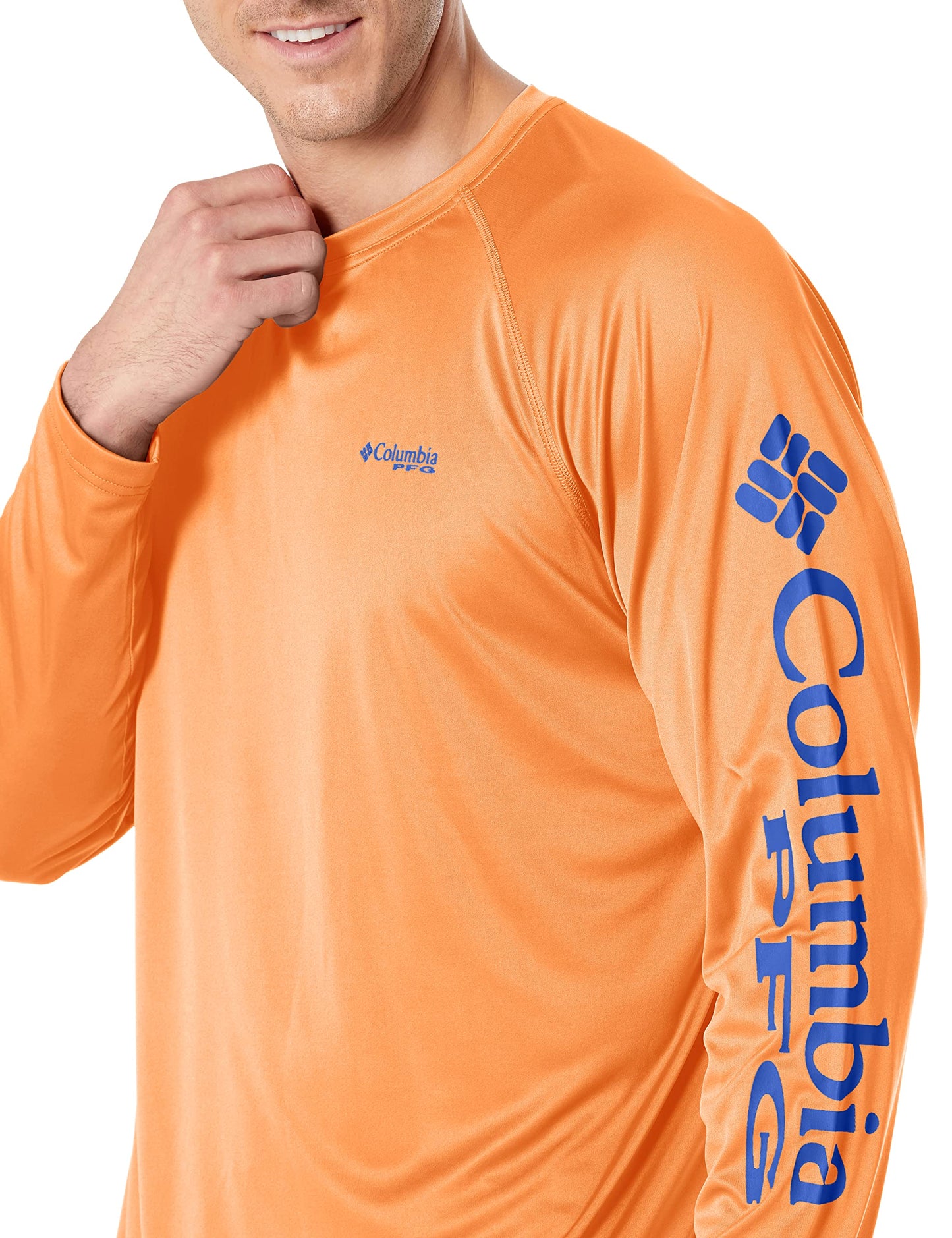 Columbia Men's PFG Terminal Tackle Long Sleeve Fishing Shirt, Bright Nectar/Vivid Blue Logo, 2X