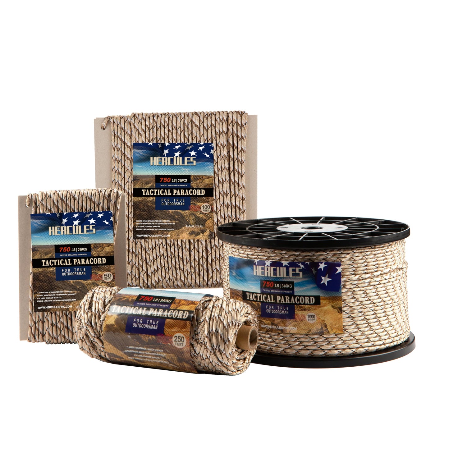 HERCULES 750lb Paracord 4mm 11 Strands Tactical Parachute Cord, 50' 100' 250' 1000' Utility Rope for Camping, Survival, Outdoor Gear (Desert Camo, 100FT)