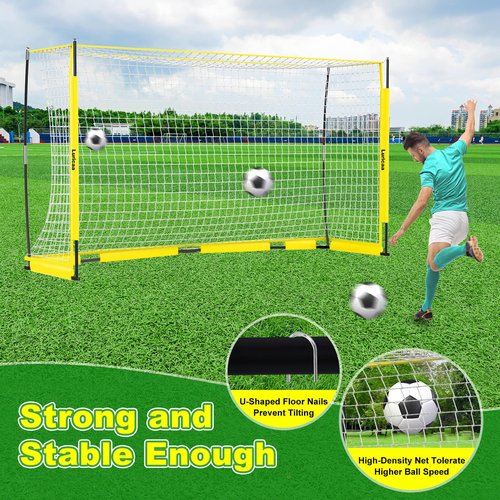 Collapsible Soccer Goal, 12×6 ft Portable Soccer Goal Net for Backyard, Quick Setup Soccer Goals with 1 Carry Bag, 1 Agility Ladder, 4 Ground Nails,12 Training Cones (Yellow)