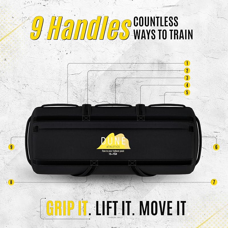 Sandbags for Working Out - Unfilled Fitness Sand Bag with 9 Handles, Dark Gray, Medium (15-75 lbs) - Durable 1200D Oxford