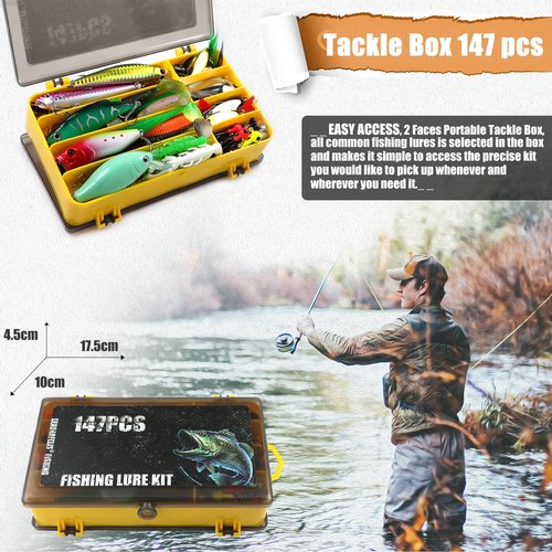 𝗘𝗫𝗔𝗨𝗥𝗔𝗙𝗘𝗟𝗜𝗦 Fishing Gear Fishing Lures Kit 147Pcs Tackle Box Minnow Crankbait Spinnerbaits VIB Jigs Hooks Paddle swimbaits Spoon Jigs, Weights Accessories Bass Lure Fishing Bait Gifts