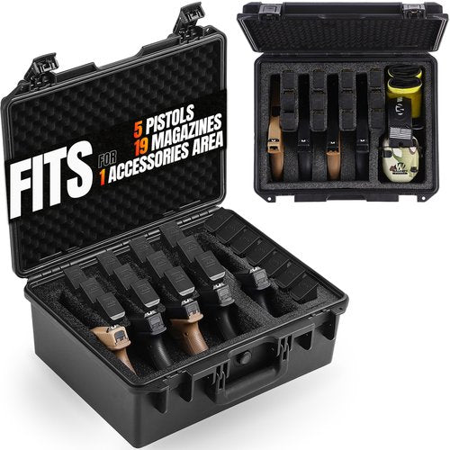 Gun Case for 5 Handguns, Hard Shell Pistol Case with 5 Gun Slots & 19 Magazines Slots, Heavy-Duty Waterproof TSA Firearm Air Travel Carrying Case Fits Glock, Beretta, S&W, Sig Sauer with Pre-Cut Foam