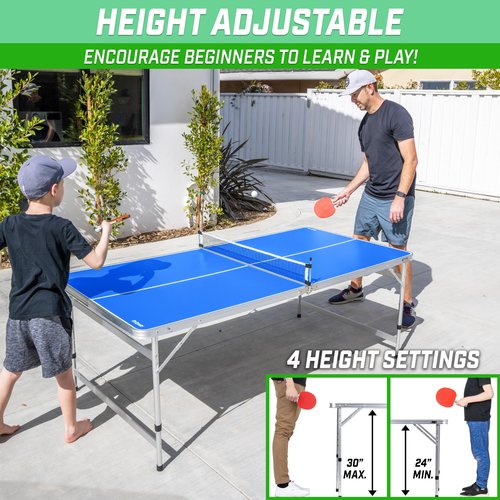 GoSports 6 x 3 ft Mid-Size Table Tennis Table Set with Adjustable Height - Blue