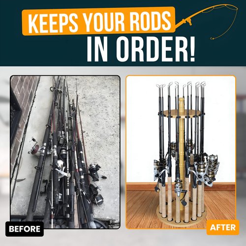 Rush Creek Creations Round 16 Fishing Rod Storage Rack - Features Traditional Handcrafted Wood Post - No Tool Assembly, Wood Grain Laminate