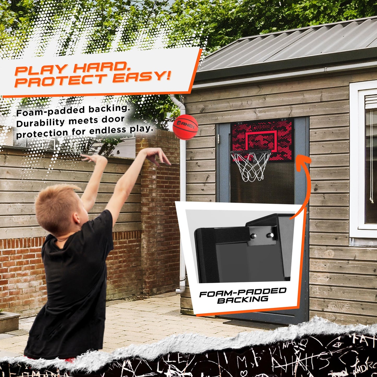 AND1 Mini Basketball Hoop: 18”x12” Pre-Assembled Portable Over The Door with Flex Rim, Includes Two Deflated 5” Mini Basketball with Pump, for Indoor, Red/Black