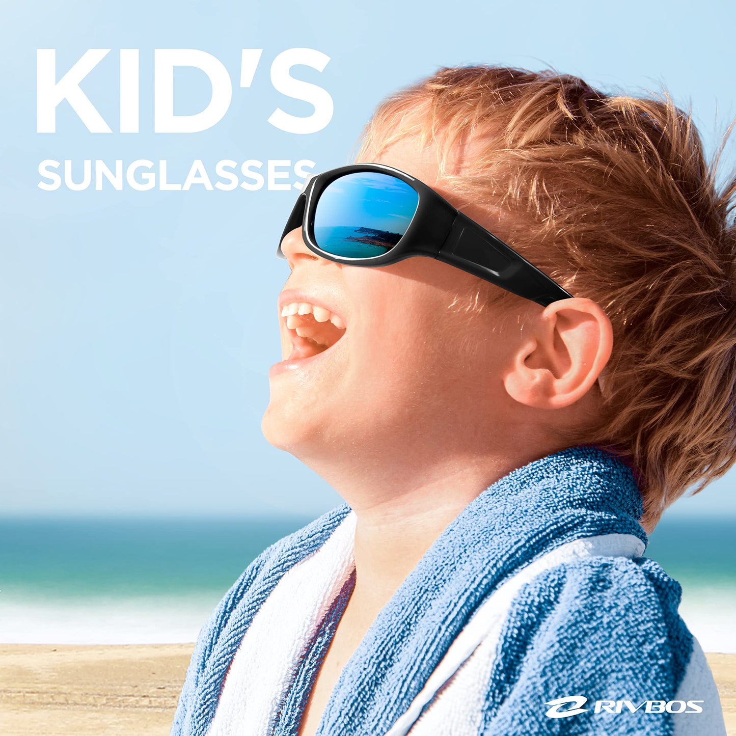 RIVBOS Kids Sunglasses Polarized UV Protection Flexible Rubber Glasses Shades with Strap for Boys Girls RBK037-Black Blue Iced Lens