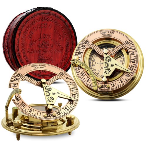 Polished Brass Functional Sundial Gilbert Compass with Leather Case - Birthday, Wedding, Anniversary, Retirement, Baptism, First Communion & Confirmation Gifts for Mens, Boys, Fathers, Husband
