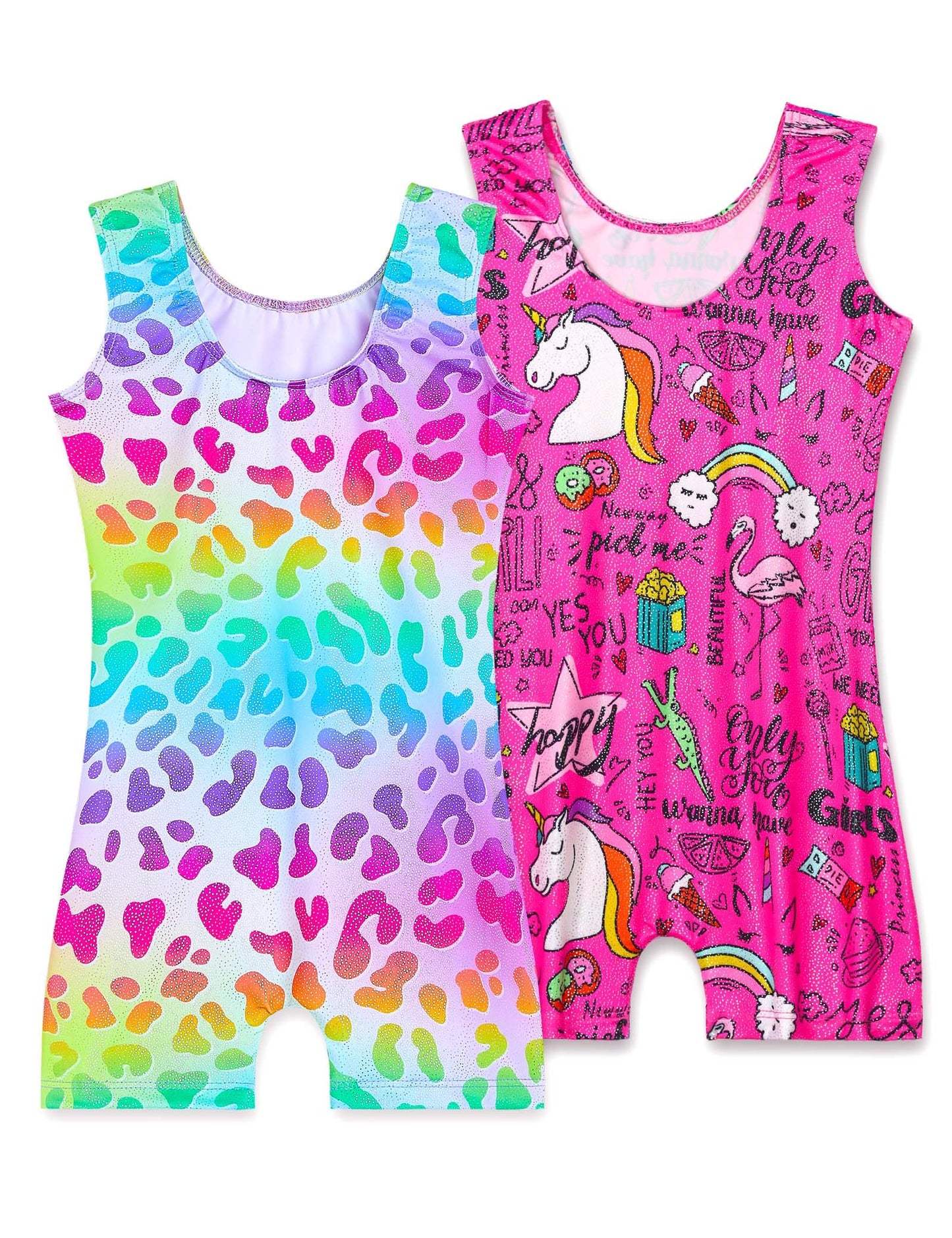 Nokecina Girls Leotards for Gymnastics Size 4t 5t Rainbow Cheetahs Unitards Hotpink Cartoon Biketards 2 Pack Gym Outfits