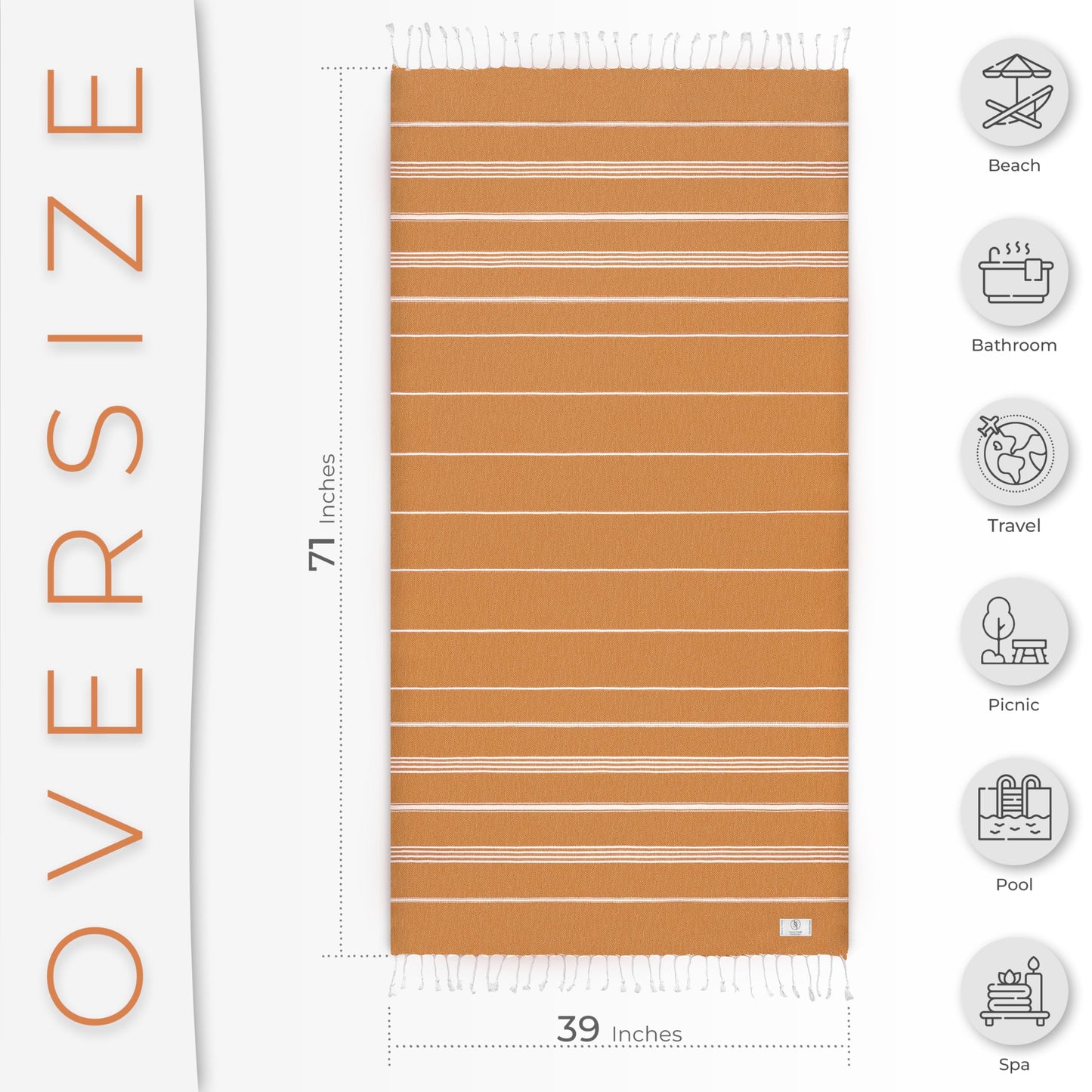 Ossano Turkish Beach Towel Striped & Smart Blend Oversized (39" x 71") - Quick Dry, Versatile and Functional as Picnic and Beach Blanket, Yoga, Pool, Travel and Gym Towels - Orange
