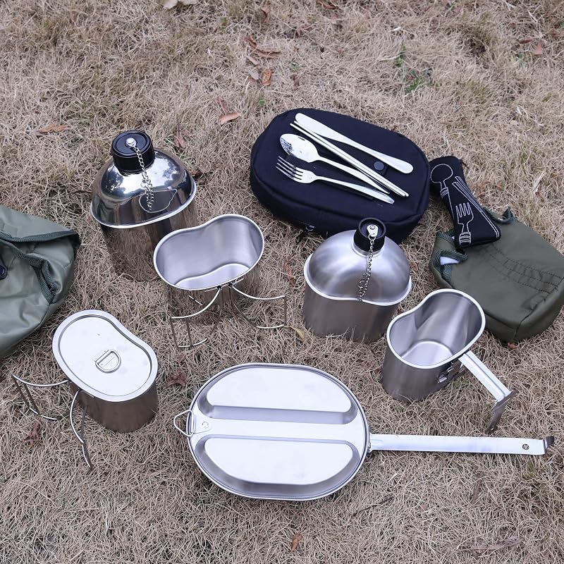 Goetland 1QT Stainless Steel WWII US Army Canteen with Cup & Nylon Pouch – Grab Handle Cup Variation