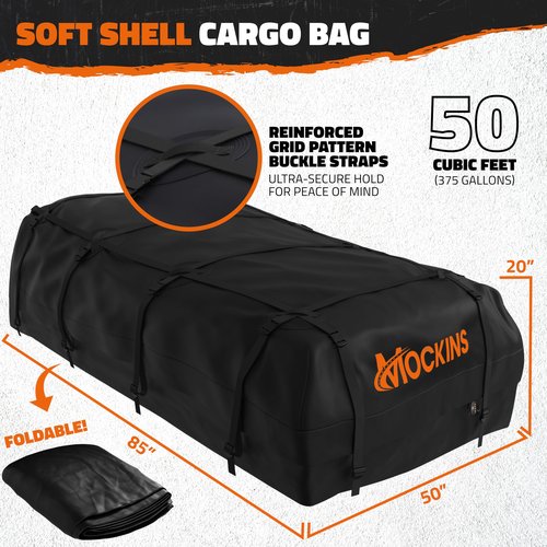 Mockins XXL 90"x50"x6" Heavy Duty Roof Rack Cargo Carrier for Top of Vehicle w/50 CuFt Waterproof Rooftop Cargo Bag | Weatherproof 250 Lbs. Cap. Roof Luggage Rack for SUV, Car, RV & Van w/Accessories