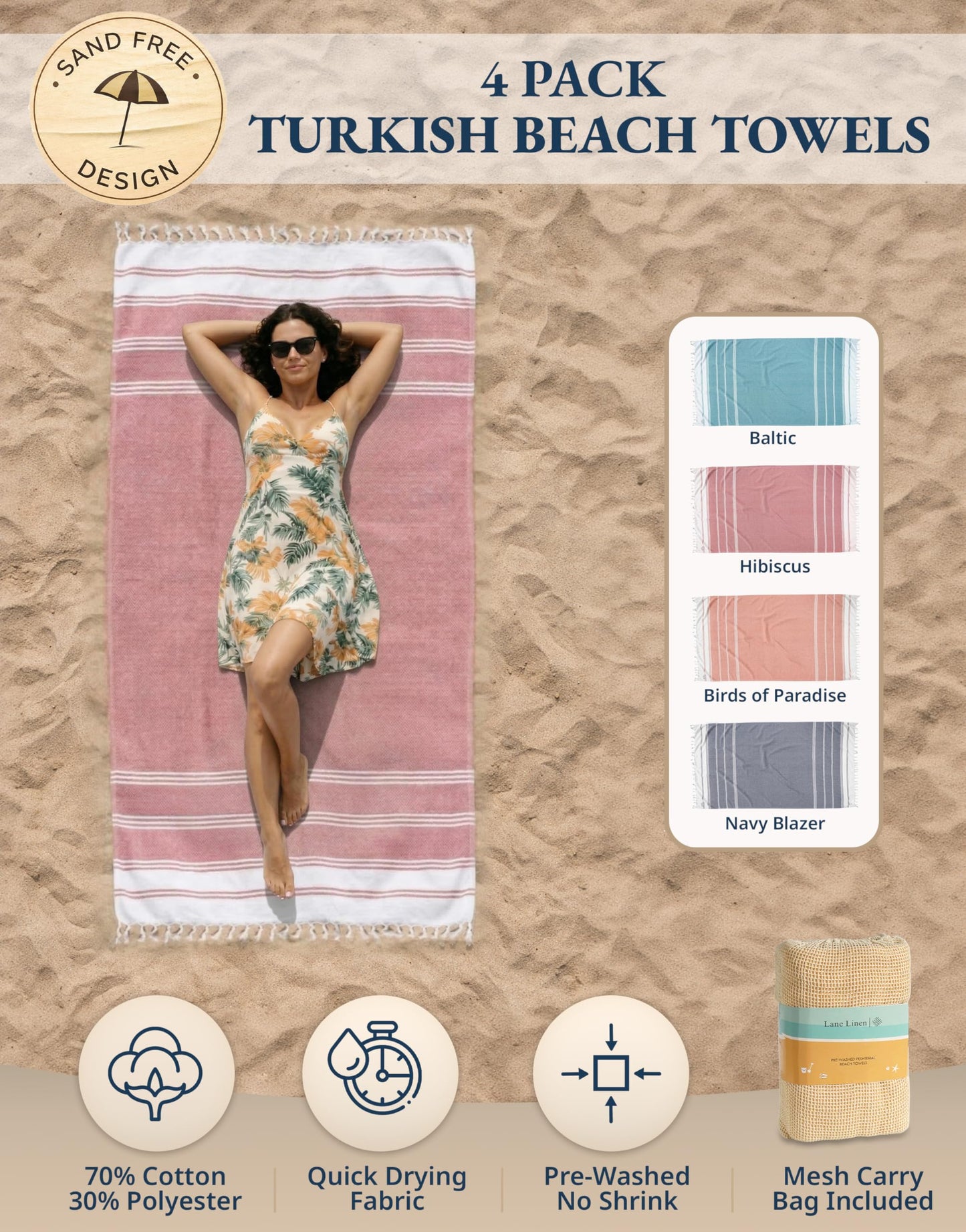 LANE LINEN 4 Pack Beach Towels – Oversized, Pre-Washed, Quick Dry, Sandproof, Lightweight & Absorbent Travel Towels – Extra Large Pool/Bath Towel – Multi