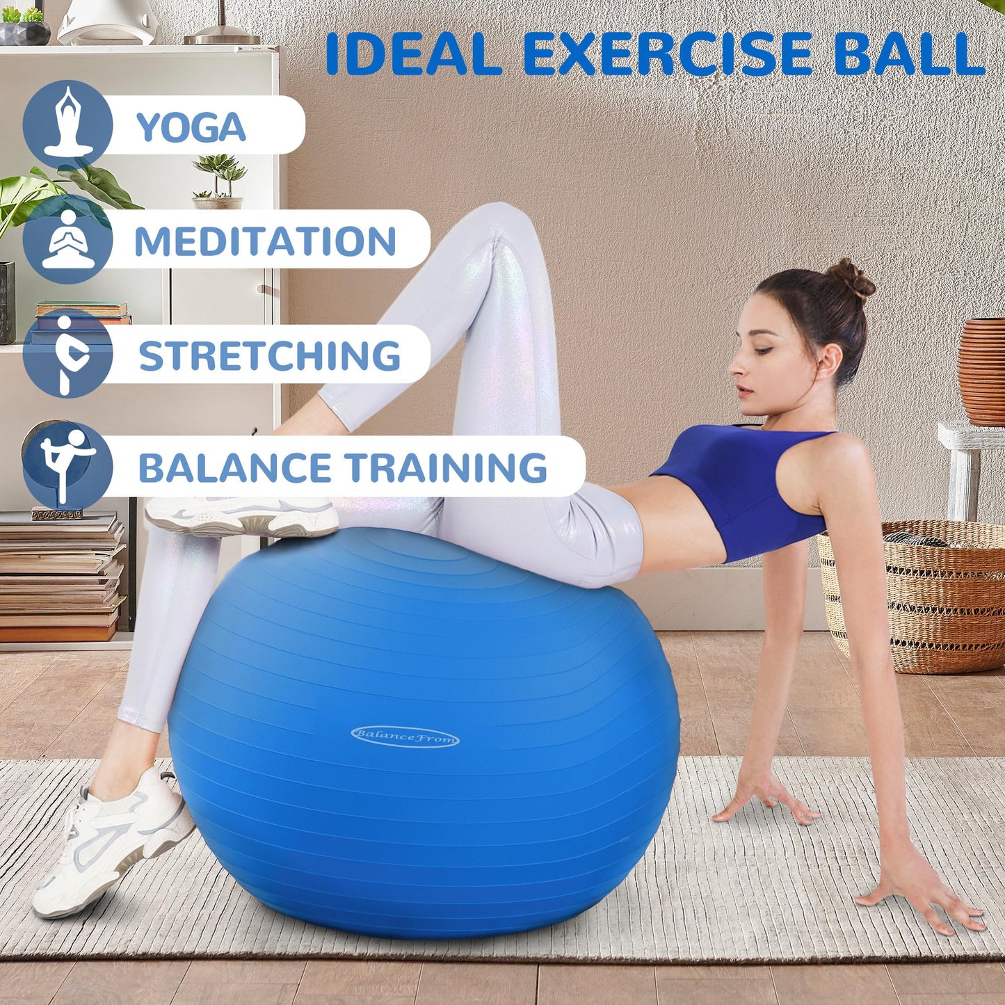 Fitvids Anti-Burst and Slip Resistant Exercise Ball Yoga Ball Fitness Ball Birthing Ball with Quick Pump, 2,000-Pound Capacity, Blue, 26-inch, L