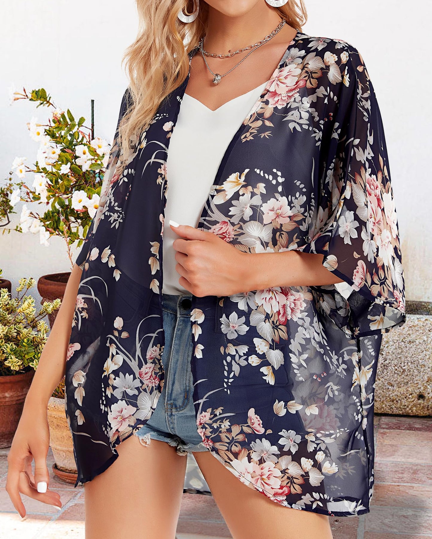 Women's Floral Print Puff Sleeve Kimono Cardigan Loose Cover Up Casual Blouse Tops (Navy Blove, XL)