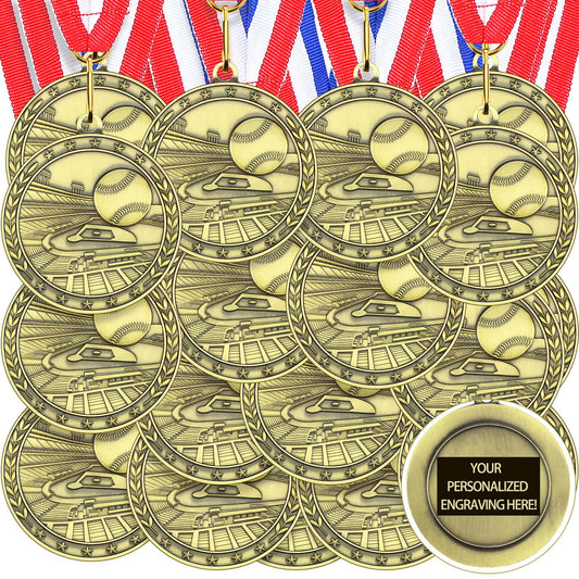 Equsion 36 Pcs 2'' Gold Medals Bulk Volleyball Football Basketball Soccer Baseball Archery Dink Ball Cheer Track Bowling Awards Medals with Ribbons for Sports Participation Winner Gift(Baseball)