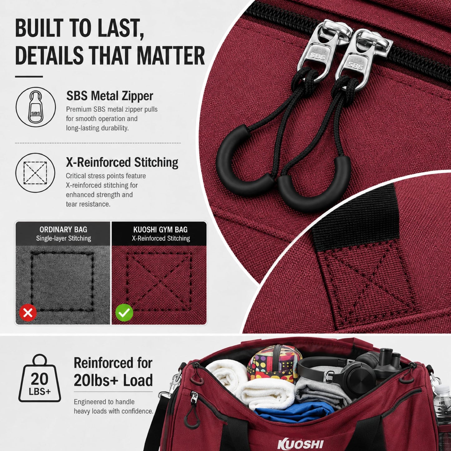 KUOSHI Men's Gym Bag with Shoe Compartment - Sport Duffle Bag for Men & Women, Water Resistant Travel Bag with Wet Pocket, Small Weekender Overnight Bag, Workout Bag with Luggage Sleeve-56L Red