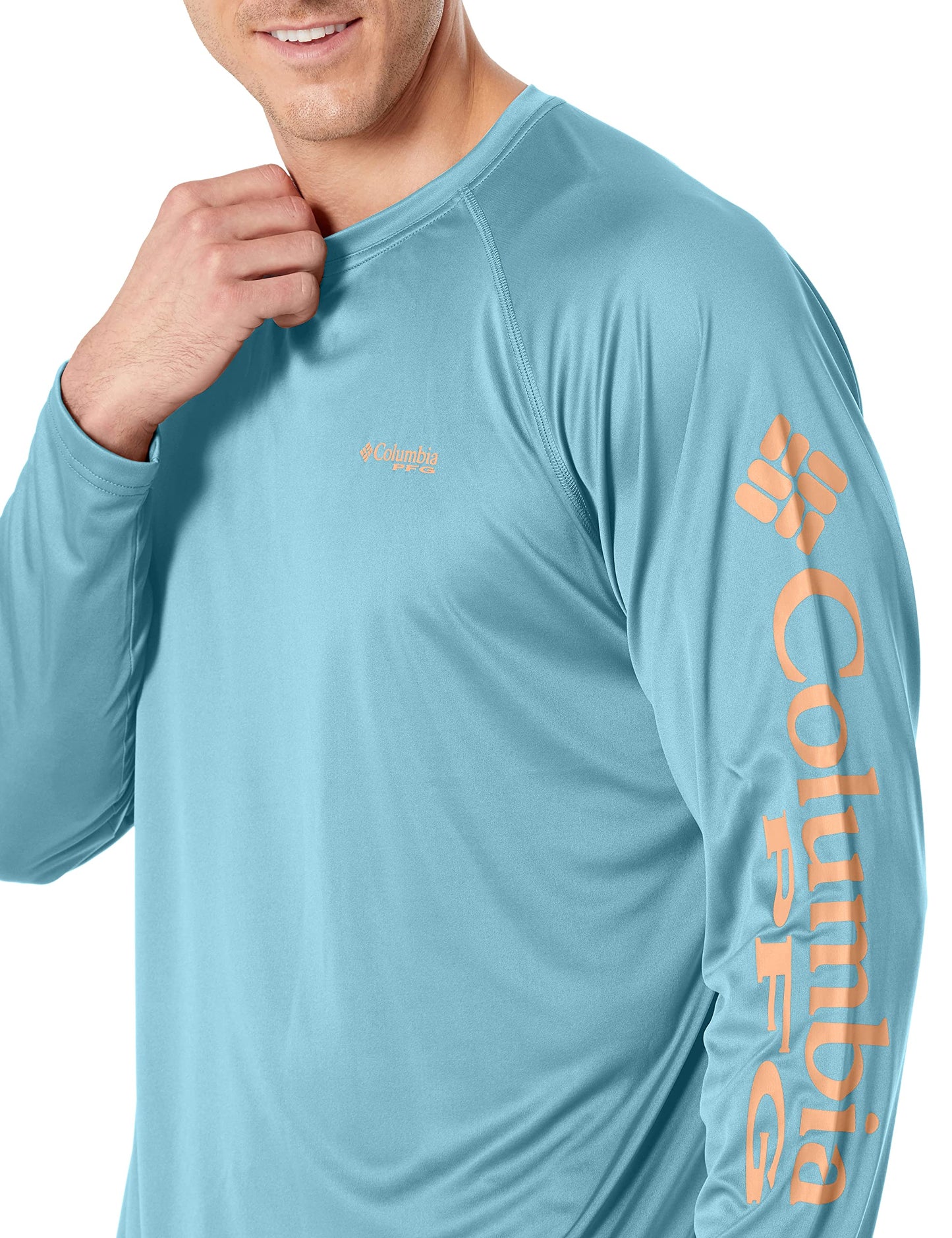 Columbia Men's Terminal Tackle Long Sleeve Shirt, Storm/Bright Nectar Logo, Large Tall
